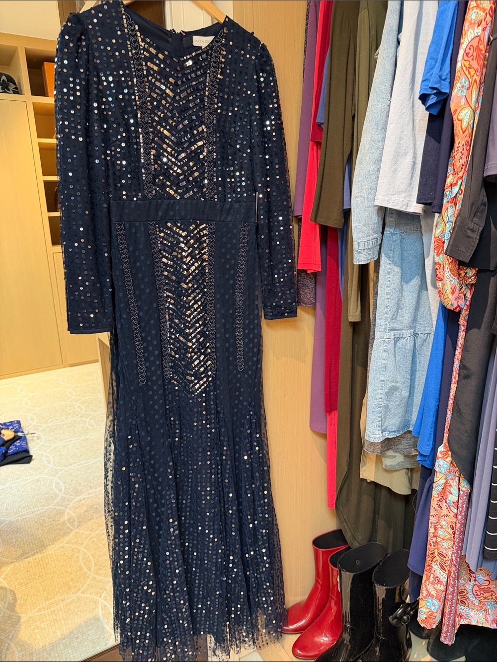 Sequin-Embellished Navy Long-Sleeve Evening Gown